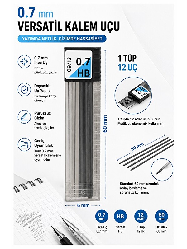 Artlantis Kaliteli Kalem Ucu 12 li 0.7 mm HB 1 Paket Tombow Versatil Kalem Uç Mekanik Uçlu Otomatik Kurşun Kal