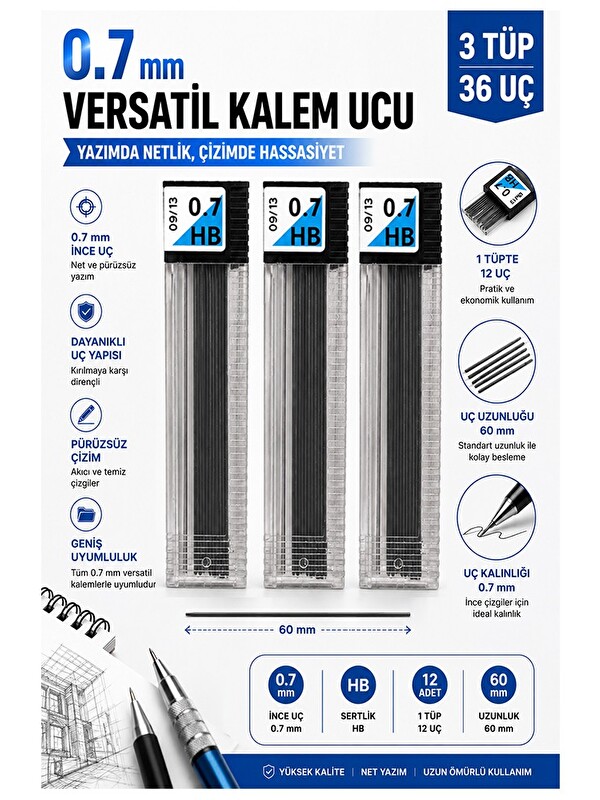 Artlantis Kaliteli Kalem Ucu 12 li 0.7 mm HB 3 Paket Tombow Versatil Kalem Uç Mekanik Uçlu Otomatik Kurşun Kal
