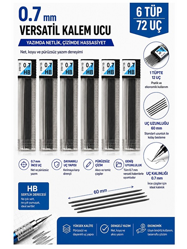 Artlantis Kaliteli Kalem Ucu 12 li 0.7 mm HB 6 Paket Tombow Versatil Kalem Uç Mekanik Uçlu Otomatik Kurşun Kal