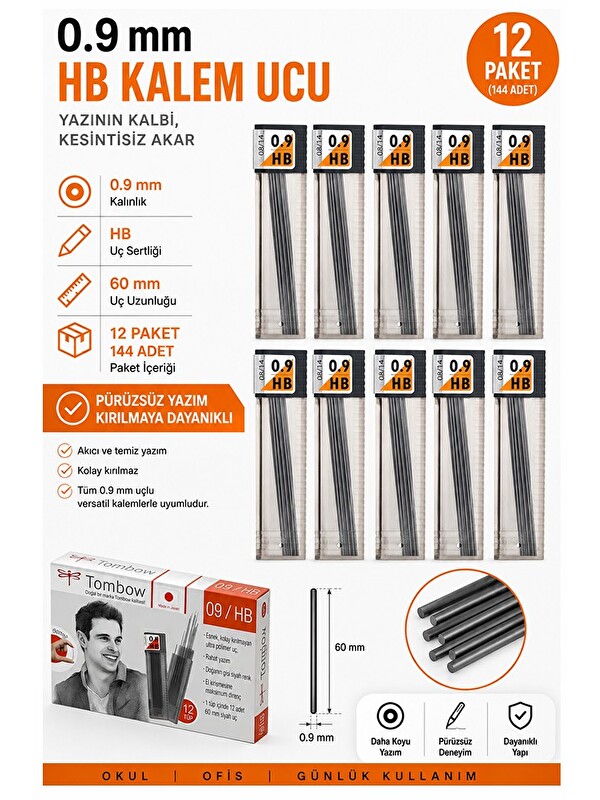 Artlantis Kaliteli Kalem Ucu 12 li 0.9 mm HB 12 Paket Tombow Versatil Kalem Uç Mekanik Uçlu Otomatik Kurşun Ka