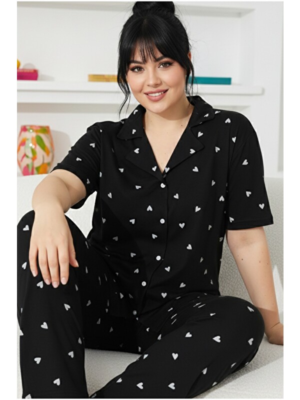 Siyah İnci Curve Büyük Beden Battal Boy Kısa Kollu Düğmeli Pamuklu Pijama Takımı