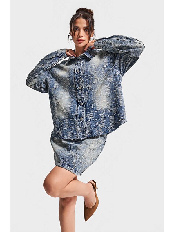 It's Basic Kadın Jean Rengi 4w5-32 Oversize Özel Kumaş Bol Kesim Tasarım Denim Ceket