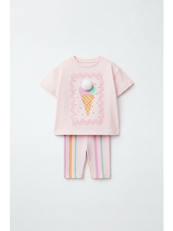 Magu Kız Çocuk Pamuklu Pembe Dondurma Desenli T-Shirt Ve Çizgili Tayt Takım