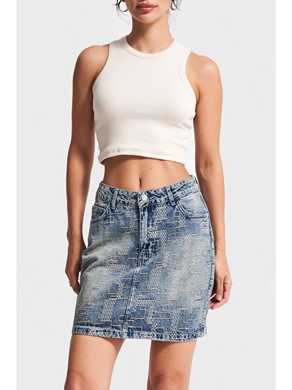 It's Basic Kadın Jean Rengi 4w5-32 Özel Kumaş Mini Boy Tasarım Denim Etek
