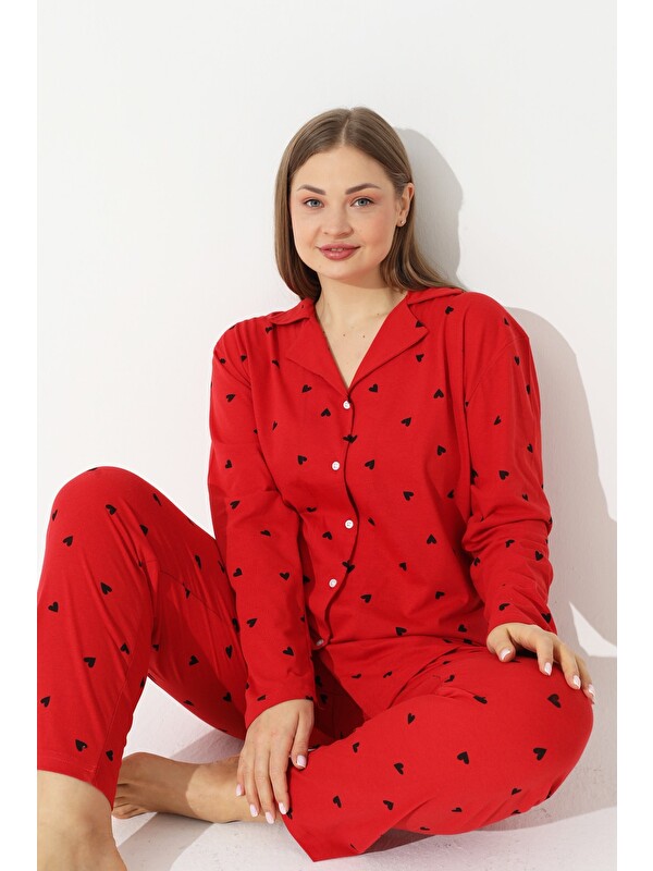 Siyah İnci Curve Büyük Beden Battal Boy Düğmeli Pamuklu Pijama Takımı