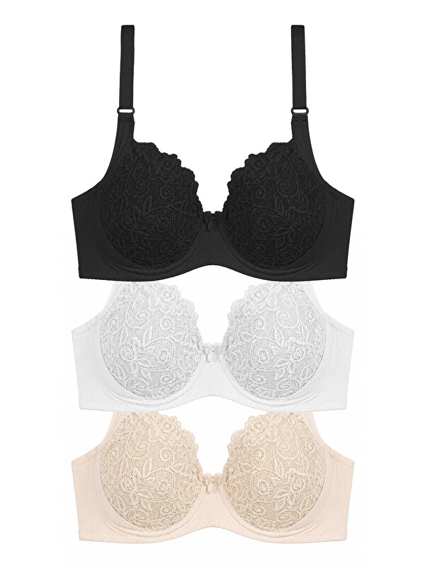 Cottonhill Bra - Elora | Büyük Beden Dantelli Balenli Minimizer Ayarlanabilir Askılı Kadın Sütyen 3'Lü Paket-2
