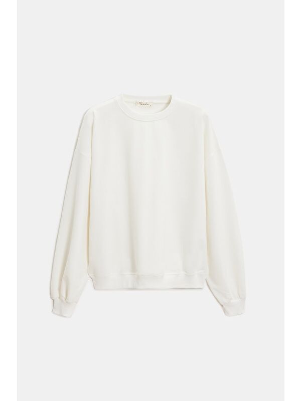 Saade Ekru Kadın Oversize Bisiklet Yaka Basic Casual Sweatshirt