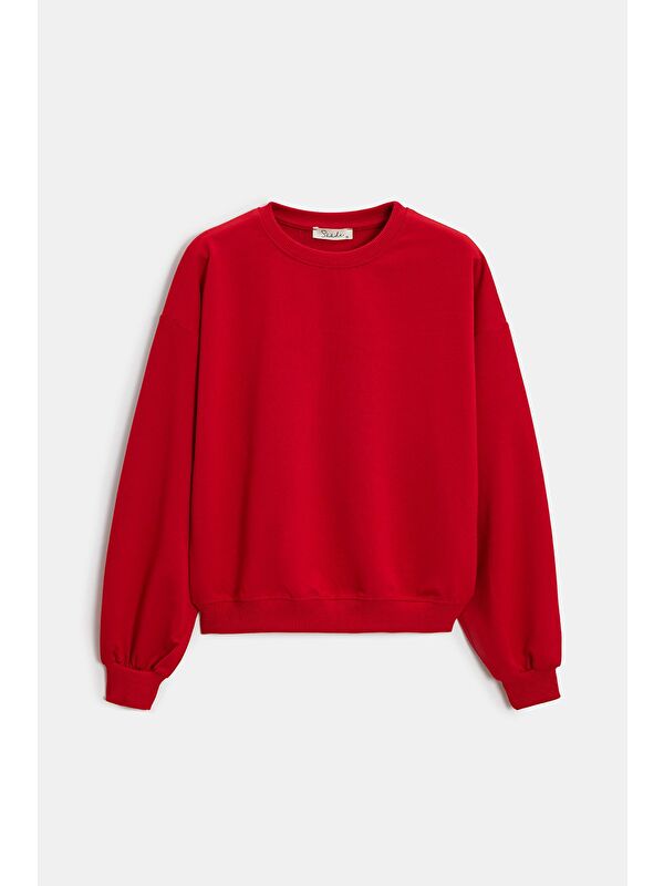Saade Kırmızı Kadın Oversize Bisiklet Yaka Basic Casual Sweatshirt