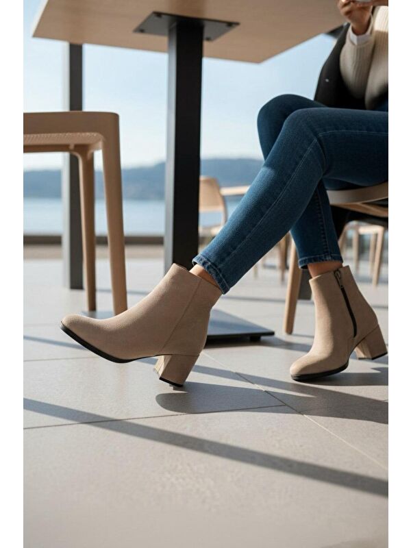 Kadın Liva Bej Süet Düz Topuklu Kısa Bot - Görsel 3