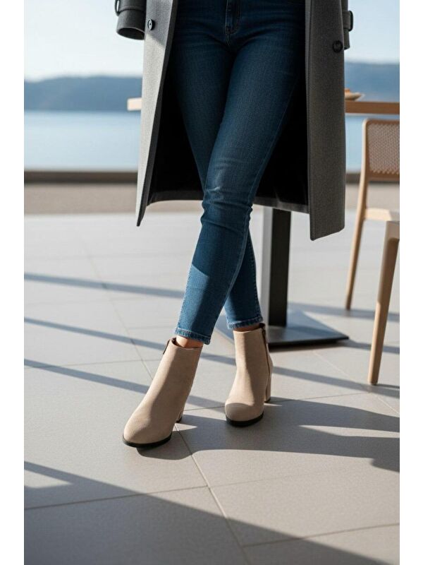 Kadın Liva Bej Süet Düz Topuklu Kısa Bot - Görsel 4