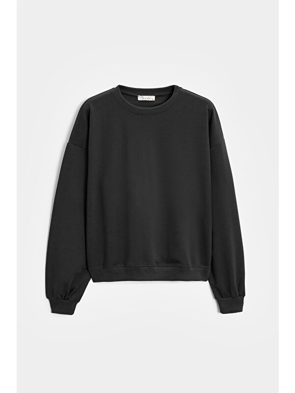 Saade Siyah Kadın Oversize Bisiklet Yaka Basic Casual Sweatshirt