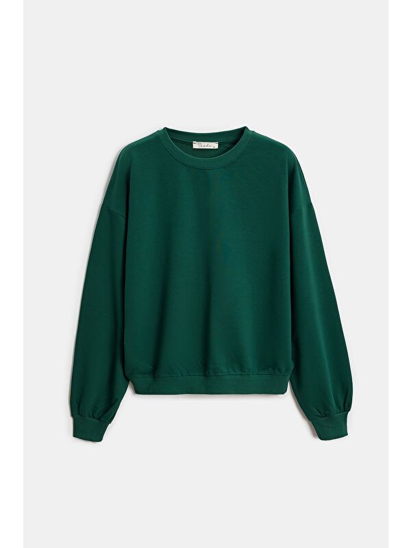 Saade Yeşil Kadın Oversize Bisiklet Yaka Basic Casual Sweatshirt