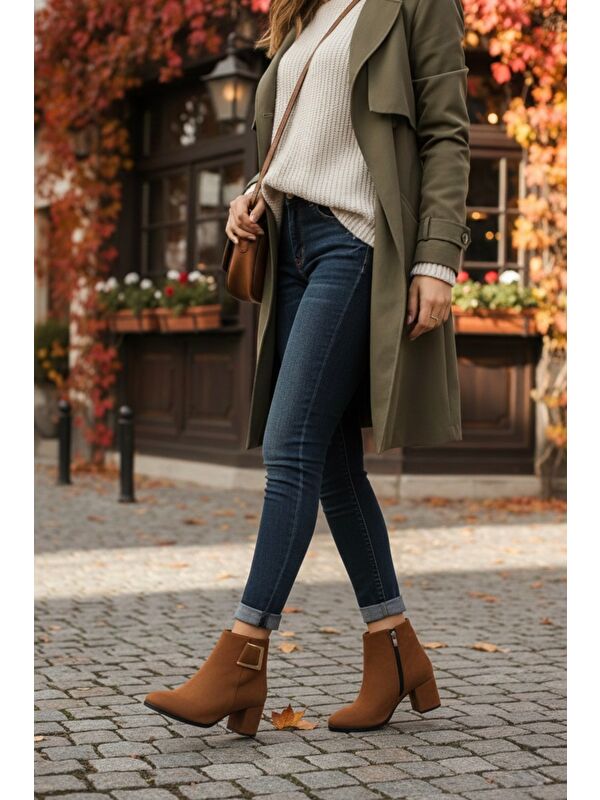 Kadın Atina Taba Süet Toka Detaylı Topuklu Kısa Bot - Görsel 5