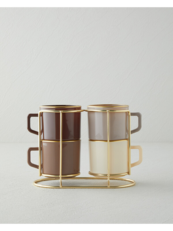 English Home Brownfall Cam Standlı ve 4’lü Kupa 180 ml Kahverengi-Gold