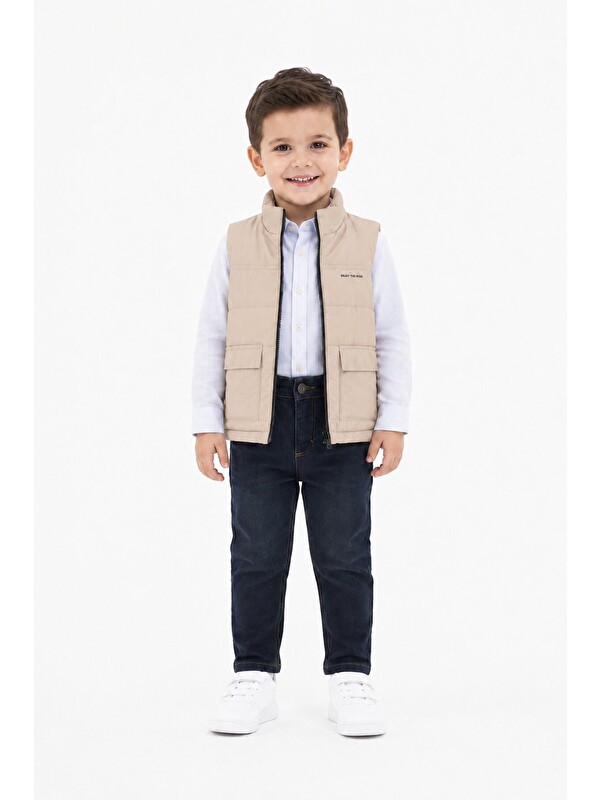 Cansın Mini Kahverengi Şişme Yeleki Gömlekli Erkek Çocuk Pantolonlu 3lü Takım 24522