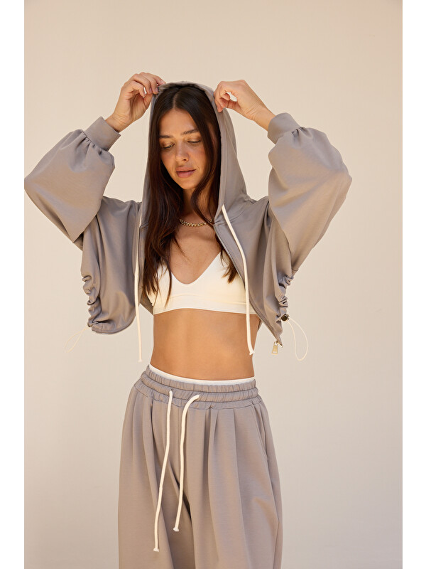Mai Collection Olin Bel Detay Duman Kapüşonlu Crop Eşofman Takım