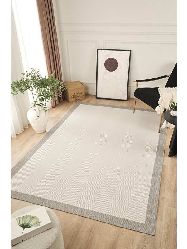 Konfor Halı Sisalux 3086 Beyaz Gri Sisal Dokuma Jüt Kilim Hav Toz Vermez Halı Salon Mutfak Oda Halısı-120x180