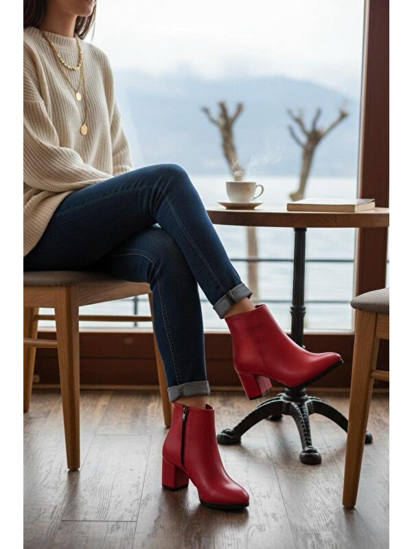 Kadın Liva Kırmızı Cilt Düz Topuklu Kısa Bot - Görsel 3