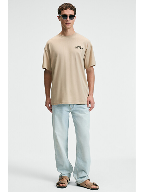 GRIMELANGE FLAVOR Erkek Oversize %100 Pamuk Baskılı Yuvarlak Yaka BEJ T-Shirt