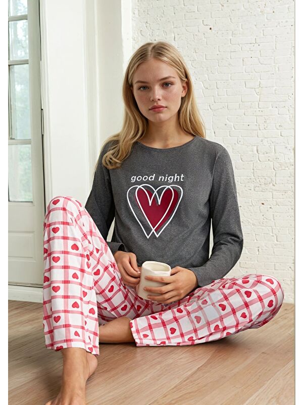 carla10 Kalp Baskılı Uzun Kollu Pijama Takım