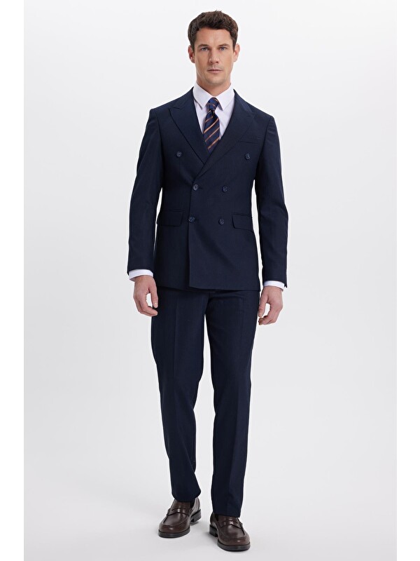 TUDORS Erkek Slim Fit Sivri Yaka Çizgili Kapaklı Cepli Lacivert Takım Elbise