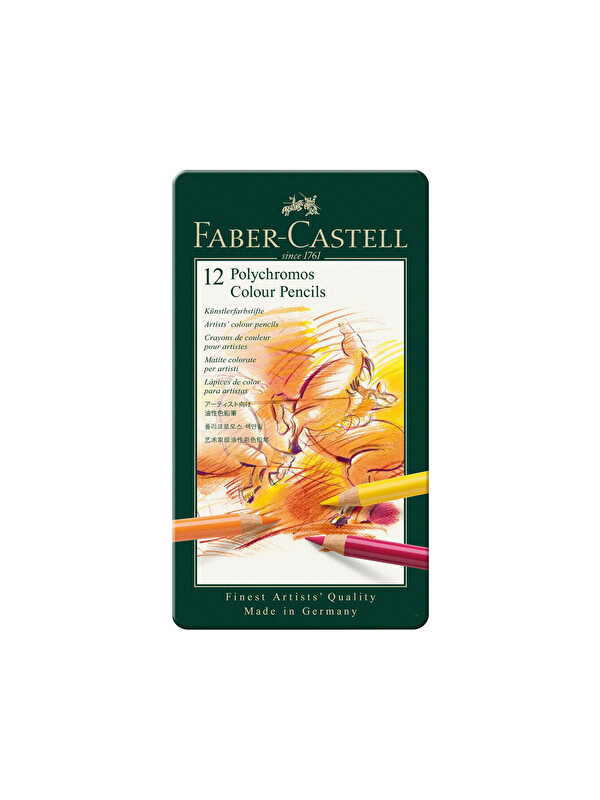 Faber-Castell Polychromos 12 Renk Boya Kalemi, Örtücü ve Parlak Renkler, Yüksek Pigmentli, Metal Kutulu