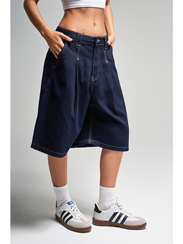 It's Basic Kadın İndigo Renk 7s5 50 Skater Fit Maxi Boy Bol Kesim  100 Pamuk Denim Şortolon