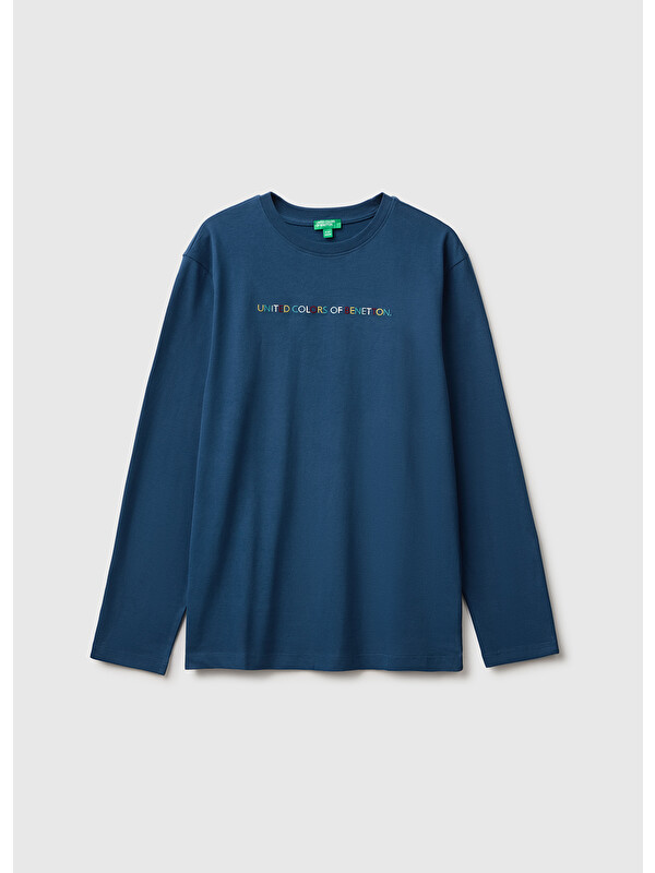 United Colors Of Benetton Erkek Çocuk Lacivert Önü İşlemeli Uzun Kollu Tişört