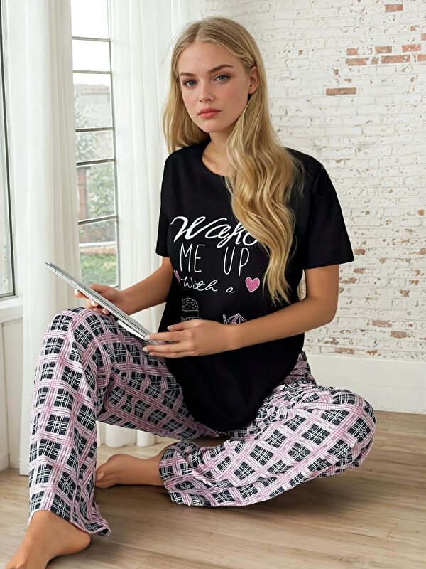 carla10 Wake Me Up Yazılı Kısa Kollu Kadın Pijama Takımı