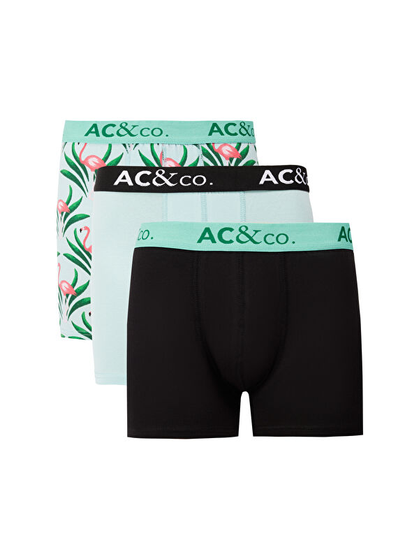 AC&Co / Altınyıldız Classics Erkek Siyah-Yeşil Pamuklu Esnek Desenli 3'lü Boxer Paketi