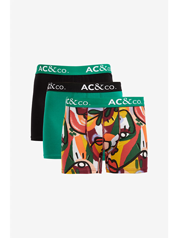 AC&Co / Altınyıldız Classics Erkek Siyah-Yeşil Desenli Pamuklu Esnek 3'lü Boxer Paketi
