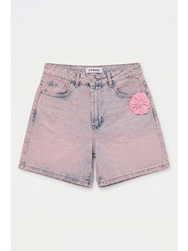 It's Basic Kadın Jean Pembe 4s6-89 Mom Relax Gül ve Nakış Detaylı Özel Tasarım Denim Şort