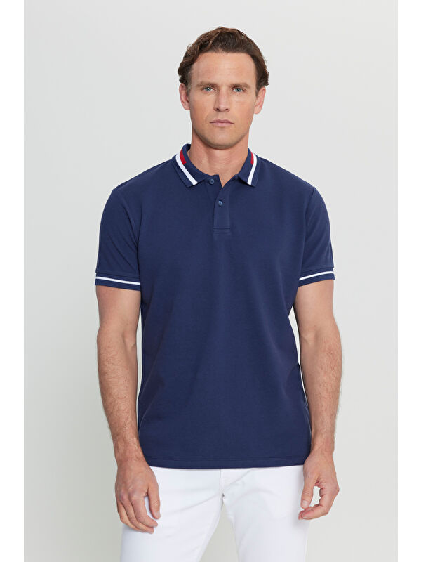 AC&Co / Altınyıldız Classics Erkek Lacivert Slim Fit Dar Kesim %100 Pamuk Polo Yaka Tişört