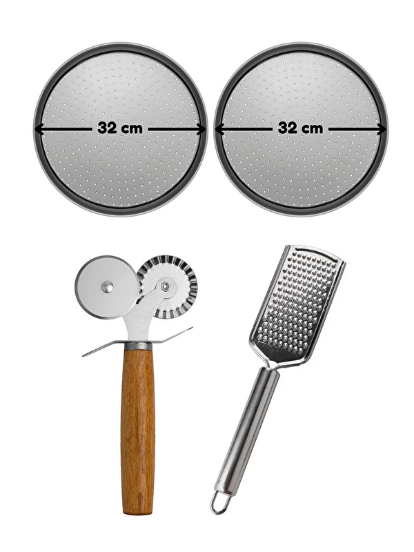 Kitchen Design Lab Orta Boy Delikli Pizza Tepsisi 32 cm x 2 Adet Çift Başlı Pizza Ruleti ve Çelik Peynir Rendesi