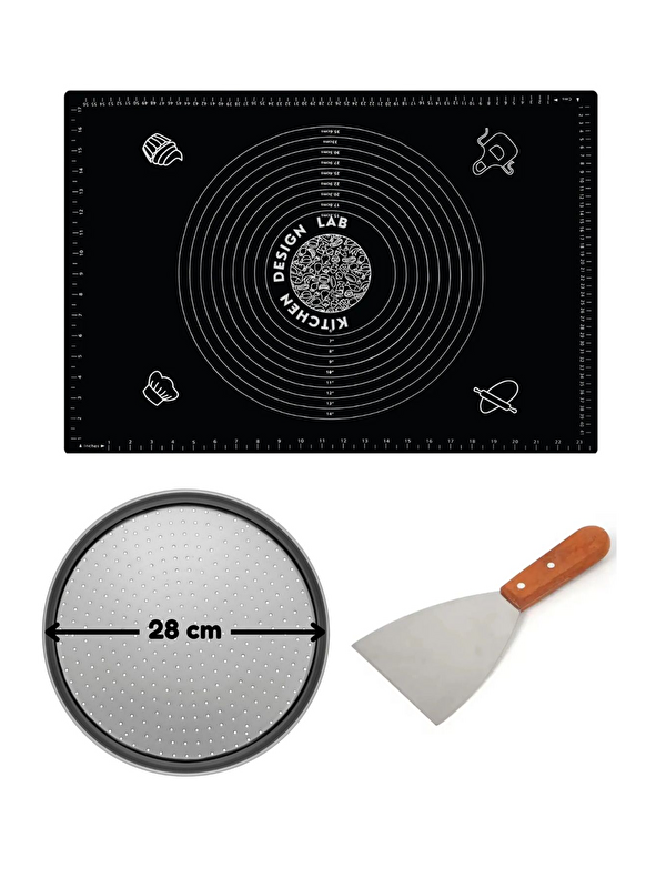 Kitchen Design Lab Siyah Hamur Açma Matı 45 x 65 cm 28 cm Pizza Tepsisi ve Ahşap Uzun Saplı Hamur ve Pizza Kesici