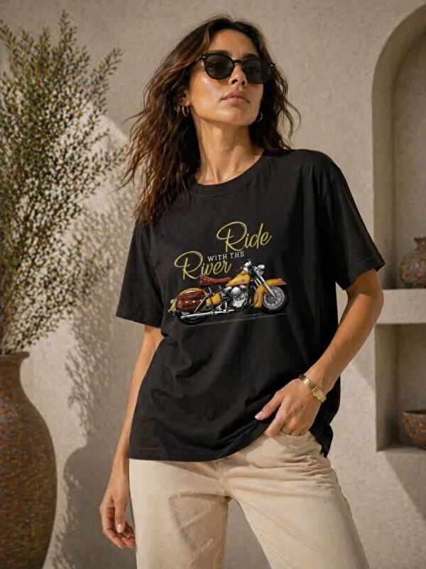 Jane's Motosiklet Baskılı Tişört Bisiklet Yaka Kısa Kol Yazlık T-Shirt - Siyah