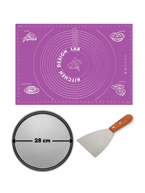 Kitchen Design Lab Mor Hamur Açma Matı 45 x 65 cm 28 cm Pizza Tepsisi ve Ahşap Uzun Saplı Hamur ve Pizza Kesici