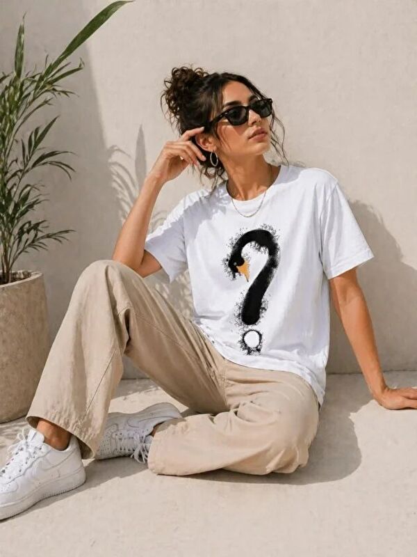 Jane's Kuğu Figürlü Soru İşareti Baskılı Tişört Kısa Kol T-Shirt - Beyaz