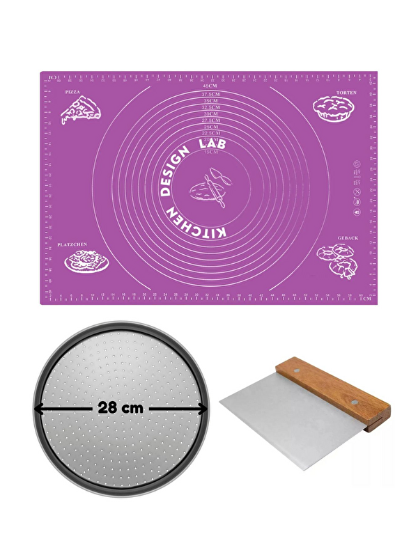 Kitchen Design Lab Mor Silikon Hamur Açma Matı 45 x 65 cm 28 cm Pizza Tepsisi ve Ahşap Saplı Hamur ve Pizza Kesici