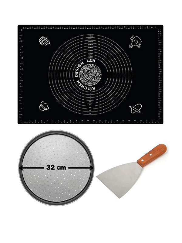Kitchen Design Lab Siyah Hamur Açma Matı 45 x 65 cm 32 cm Pizza Tepsisi ve Ahşap Uzun Saplı Hamur ve Pizza Kesici