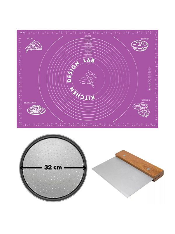 Kitchen Design Lab Mor Silikon Hamur Açma Matı 45 x 65 cm 32 cm Pizza Tepsisi ve Ahşap Saplı Hamur ve Pizza Kesici