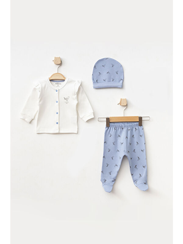 AZİZ BEBE Kız Bebek Kuş Desenli Zıbın Pantolon Bere 3'lü Alt Üst Bebek Takımı 0 Ay-6 Ay