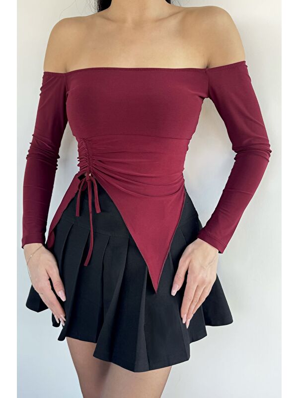 Gülseli Kadın Ön Büzgü Detaylı Elastanlı Asimetrik Kesim Crop Top Bluz