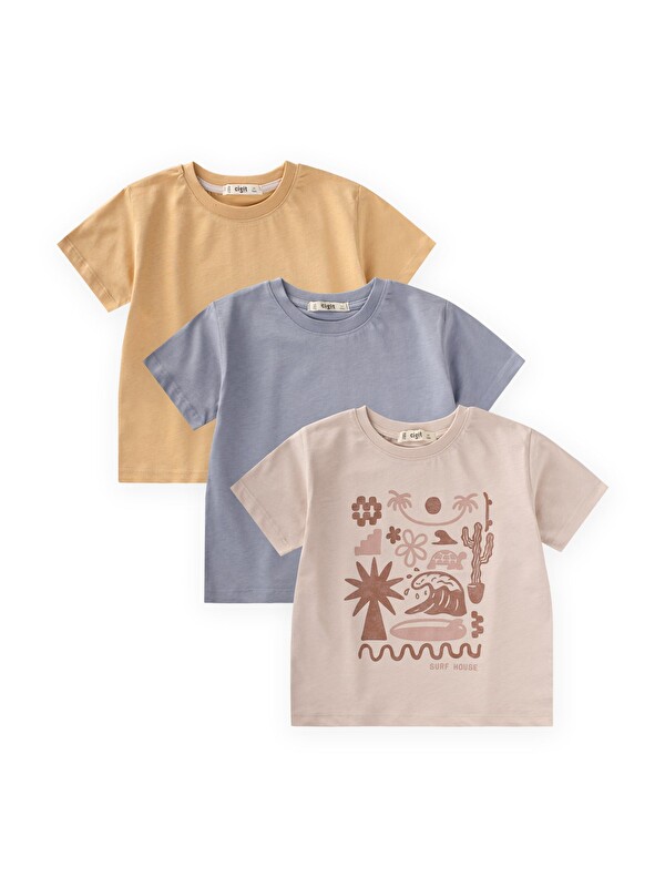 CİGİT Üçlü Set Erkek T-Shirt 2-10 Yaş Kum Mavi Sundres