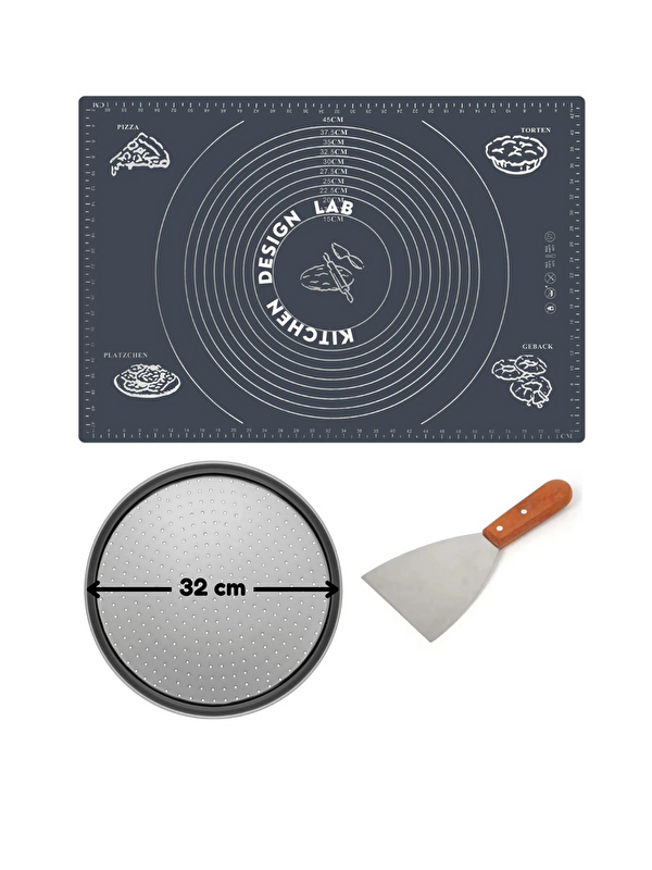 Kitchen Design Lab Gri  Hamur Açma Matı 45 x 65 cm 32 cm Pizza Tepsisi ve Ahşap Uzun Saplı Hamur ve Pizza Kesici