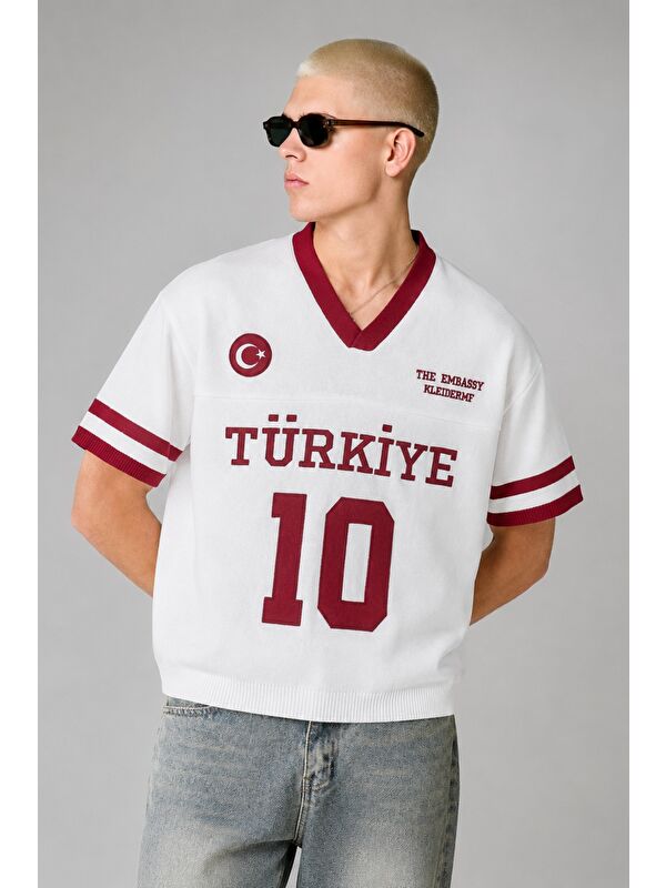 Tarz Cool Erkek Argentina Nakışlı Oversize V Yaka Triko T-Shirt
