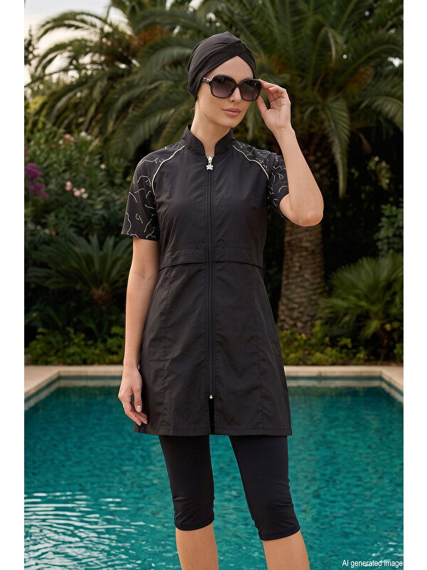 Haliç Mayo Paraşüt Desenli Kısa Kol Yarı Kapalı Mayo 503 Sİyah