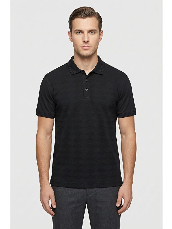 Sabri Özel Giotelli Siyah Desenli Comfort Fit %100 Pamuk Polo Yaka Düğmeli Kısa Kol Erkek T-Shirt