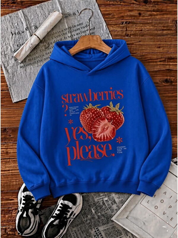 Oksit Sw Strawberries Yes, Please." Ön Baskılı Renkli Kadın Kapüşonlu Sweatshirt