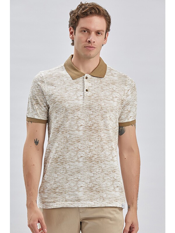 İMZA Koyu Vizon Baskılı Pike Polo Yaka Garnili %100 Pamuk Casual Slim Fit Dar Kesim Tişört 1011240157
